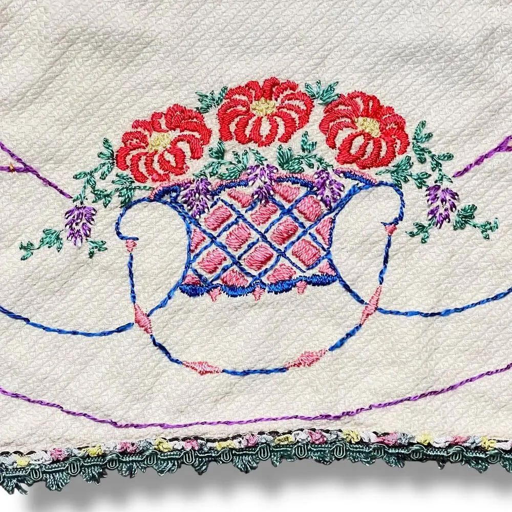 Vintage 30s Embroidered Tablecloth Baskets of Flowers Multicolor 32 inch Square